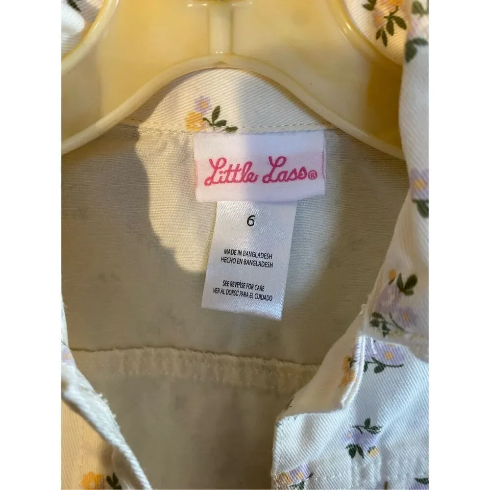 Little less girls, floral print ivory denim jacket, size 6